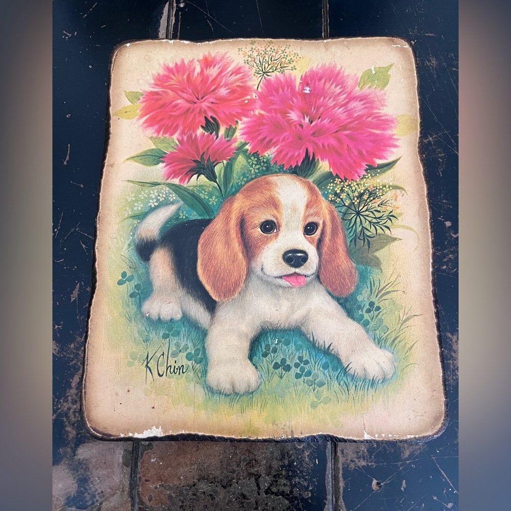 Vintage Amish Art - Beagle Puppy Wood Art Print- circa 1970s